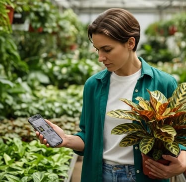 Consultando guía de cuidados en el móvil antes de comprar una planta nueva.