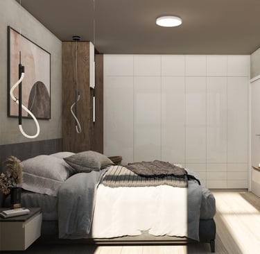 A contemporary bedroom featuring a bed, a television, and a desk, showcasing a stylish,functional