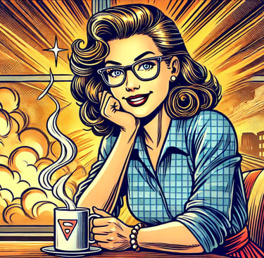 a woman sitting at a table with a cup of coffee