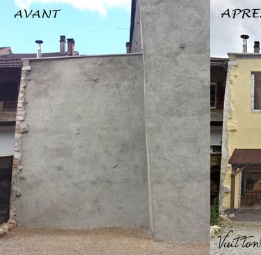 Photos avant et après la réalisation d'un grand trompe-l'oeil sur des façades, à Moirans-en-Montagne