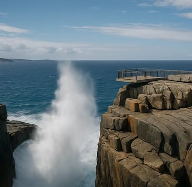 sea spray rising from ocean between rock outcrops with platform