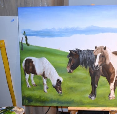 an unfinished painting of horses in a field