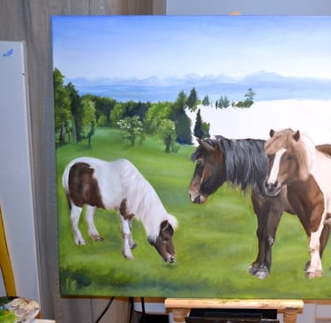 a painting of horses in a field