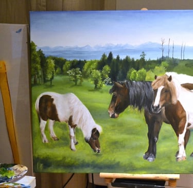 a painting of horses in a field