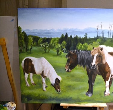 a painting of horses grazing in a field