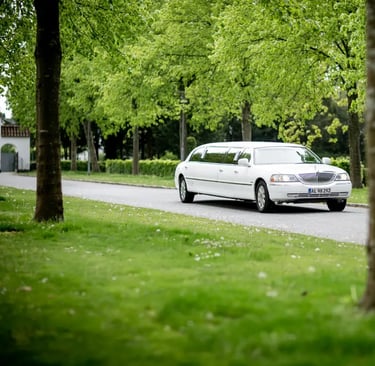White limousine driving on a tree-lined road