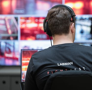 Ben, one of the organisers of FightFest, running the livestream for the 2022 event.