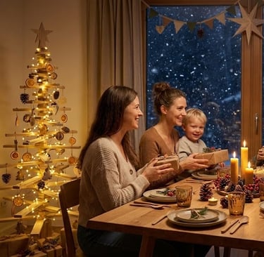 Een kezin dat kerst vier met een houten kerstboom op de achtergrond