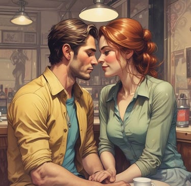  A couple at a cafe table, sharing a moment together while sipping beverages.