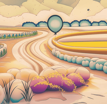 A balloon floating down a winding path