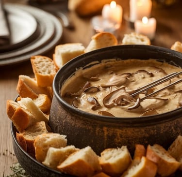 mushroom fondue with pieces of bread