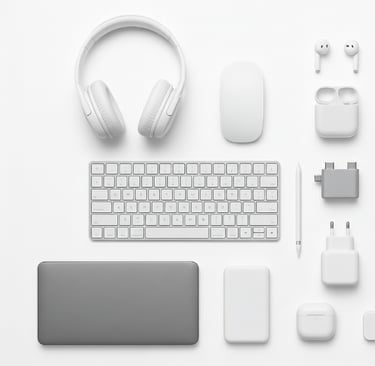 Organisation d’accessoires Apple et PC sur fond blanc : casque audio, souris sans fil, écouteurs, cl