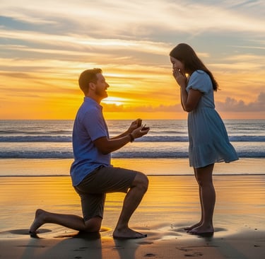 Ένας άντρας γονατίζει και κάνει πρόταση γάμου σε μια γυναίκα.