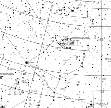 Fragmento de las Cartas Celestes Triatlas-A que muestra la constelación y galaxia de Andrómeda