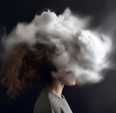 Eine Frau von der Seite um ihren Kopf ist eine dichte dunkle Wolke