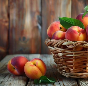 a basket of peaches and two peaches on a wooden table