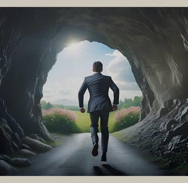 Businessman runs out of a dark cave into the light – symbolizing liberation from the rat race and a new beginning.