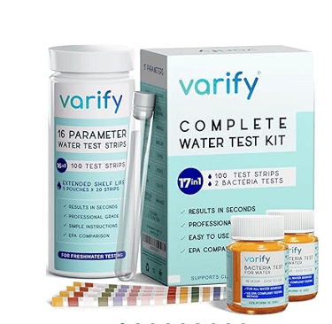 Varify 17-in-1 home water test strips and bacteria testers.