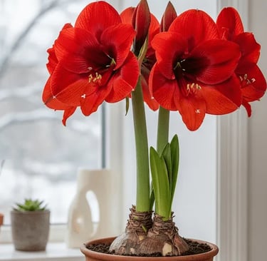 La Amaryllis de color rojo llamativo, frente a una ventana.