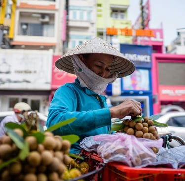 Local woman wearing a conical hat packing fruit on a sunny day in Vietnam, showing everyday life.