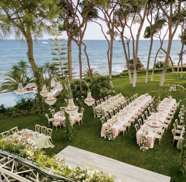 Aerial view of Villa El Rincon in Marbella during a luxury seaside destination wedding with Mediterranean scenery.