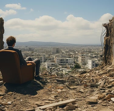 a man sitting in a chair in a room with a chair