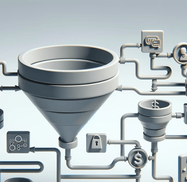 3D sales funnel pipeline with data and process icons in a monochromatic scheme.
