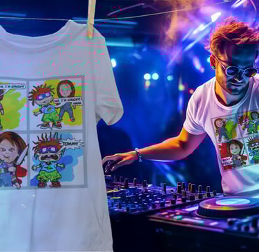 “Comic-style t‑shirt design shown on a hanger and worn by a DJ at an event - illustrated apparel artwork.”