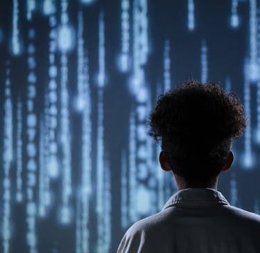 a person standing in front of a large screen with a large screen-ai integrated digital marketing