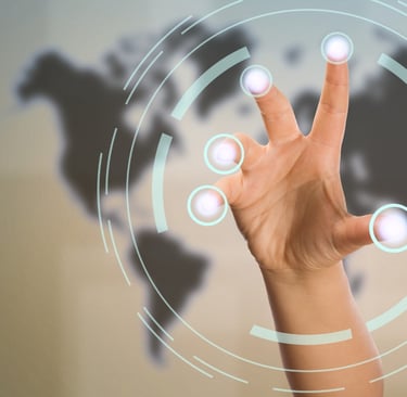 a person holding up a peace sign with a world map in the background-Ai-Integrated Digital Academy