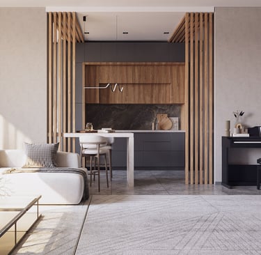 Modern open-concept living space with white sofa, marble island, dark grey cabinets, vertical wooden slats, and digital piano