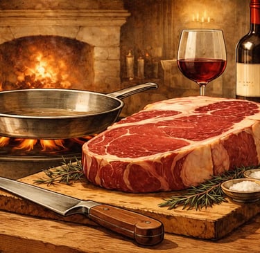 Une cote de boeuf et une poele en inox