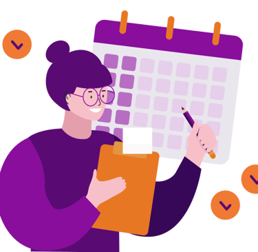 a woman holding a clipboard with a calendar and a pen