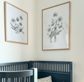 Kids Room with animals illustrations framed art print hanged on the walls 