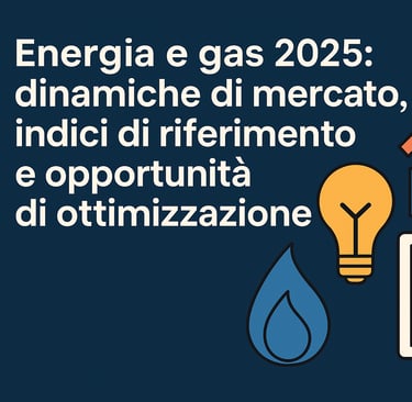 Grafica flat blu con testo e icone di lampadina, goccia gas e grafici.
