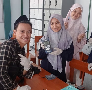 a group of people standing around a table
