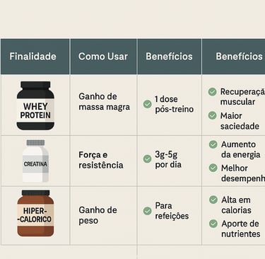 Tabela Comparativa de Suplementos(Whey Protein vs Hipercalórico vs Creatina)
