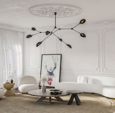 3D rendering of modern living room with curved sofa, beige chairs, round table, artwork, plant, and chandelier.