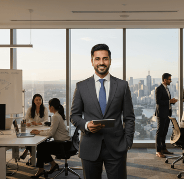 A Pakistani professional in a modern Australian office, showcasing career success