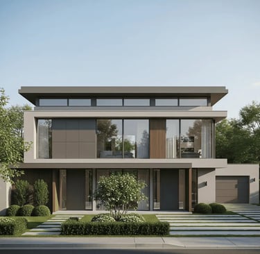 casa com telhado em platibanda vidros jardim e céu