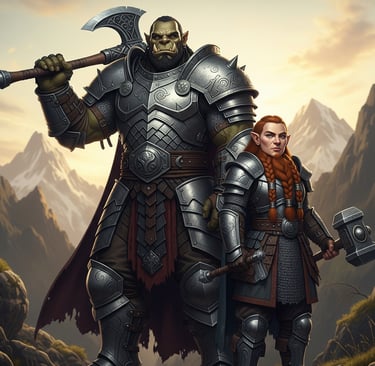 Commanders Vargash and Elira Stoneforge stand side-by-side on a mountain path.