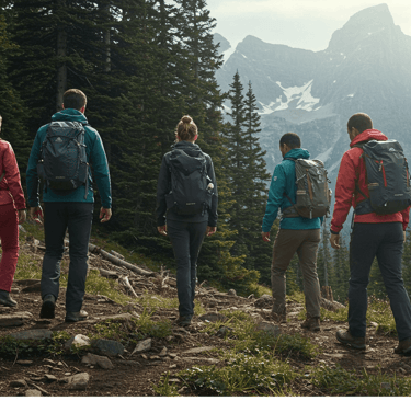 a group of people walking up a mountain