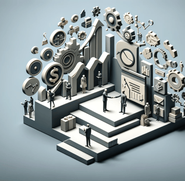 Stylized 3D business growth graphic with figures, charts, and gears on a gradient backdrop.