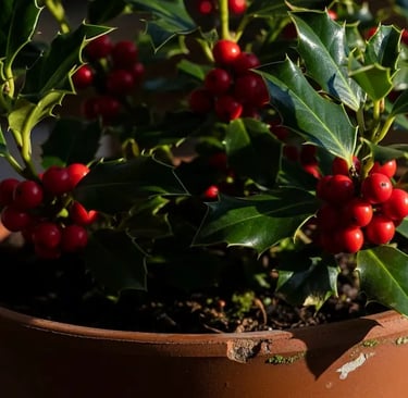 Un arbusto de Acebo en maceta con hojas espinosas y bayas rojas brillantes, símbolo de la Navidad.