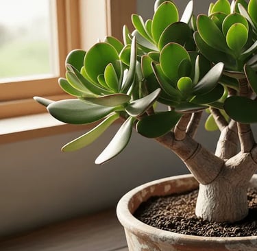 Un Árbol de Jade (Crassula ovata) con hojas carnosas en una maceta, la planta del dinero