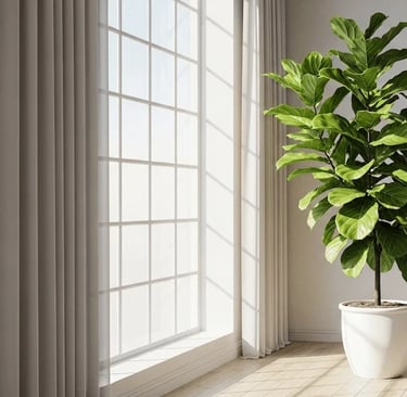 Un Ficus Lyrata alto y saludable con grandes hojas verdes, ubicado en una maceta blanca