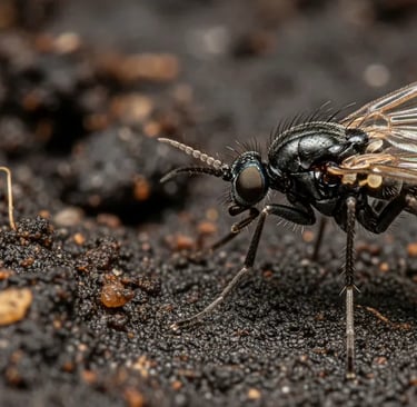Primer plano de una mosca del sustrato o mosca del mantillo sobre una hoja.