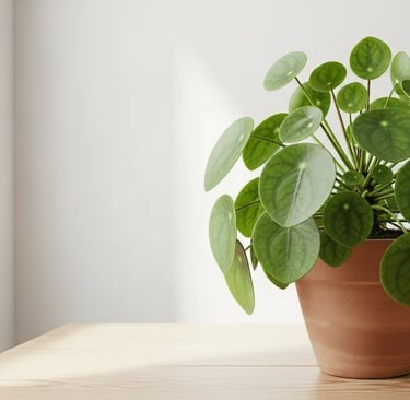 Una planta Pilea peperomioides con sus características hojas redondas, en una maceta de terracota