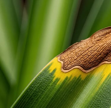 Primer plano de una hoja de planta de interior con la punta seca y marrón.