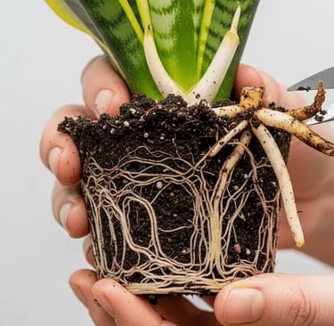 Manos saneando las raíces de una planta de interior, cortando con tijeras las partes podridas